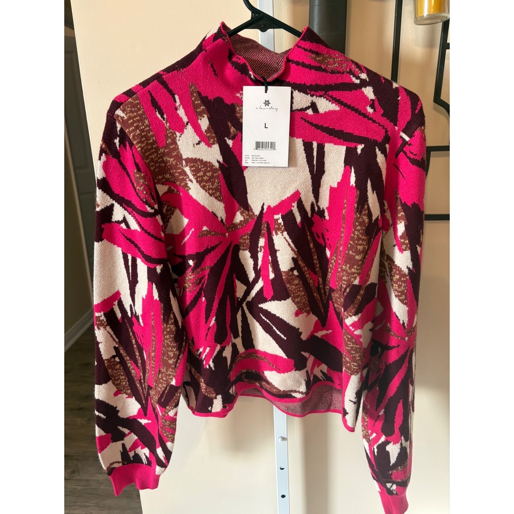 A Love Story Pink Metallic Tropical Leaf Mock Neck Sweater NWT Large SP220207L